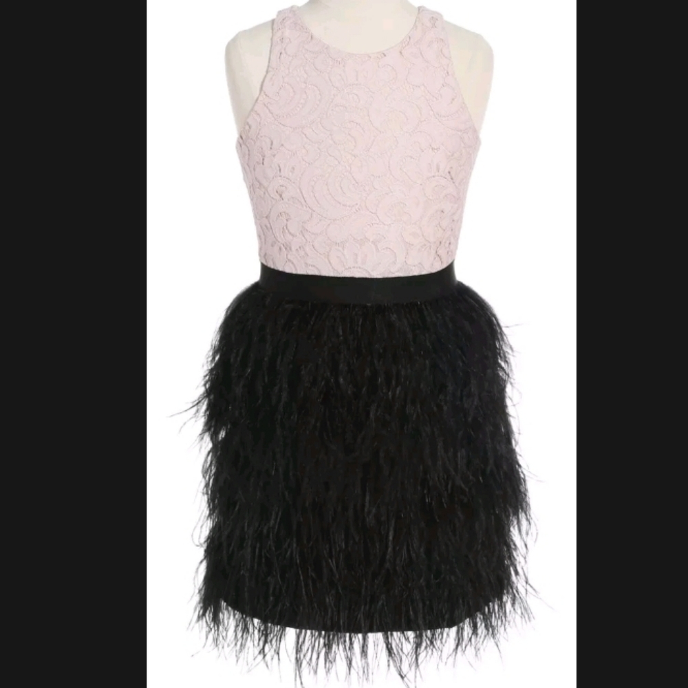 Milly Girls Minu Ostrich Feather Pink Black Formal Cocktail Dress, Size 8